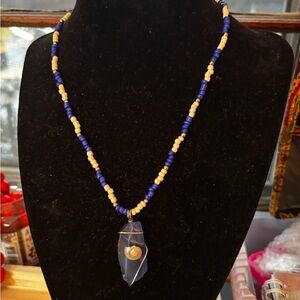 COPY - Handcrafted Blue and Cream Beaded Necklace with Seaglass Pendant